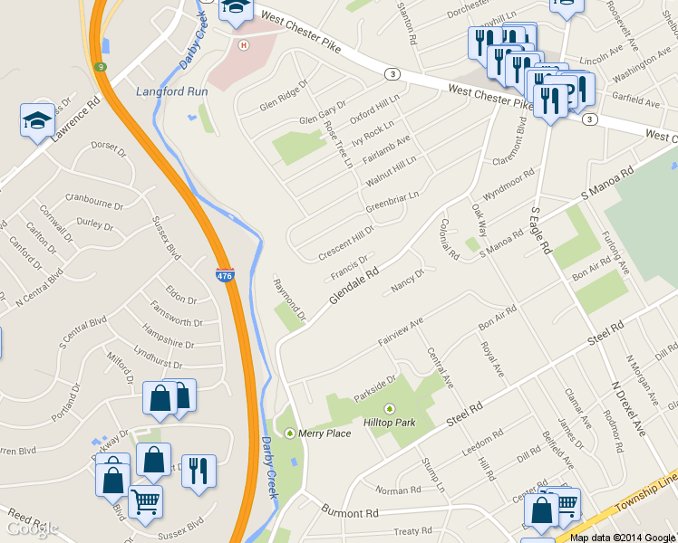 map of restaurants, bars, coffee shops, grocery stores, and more near 333 Francis Dr in Havertown