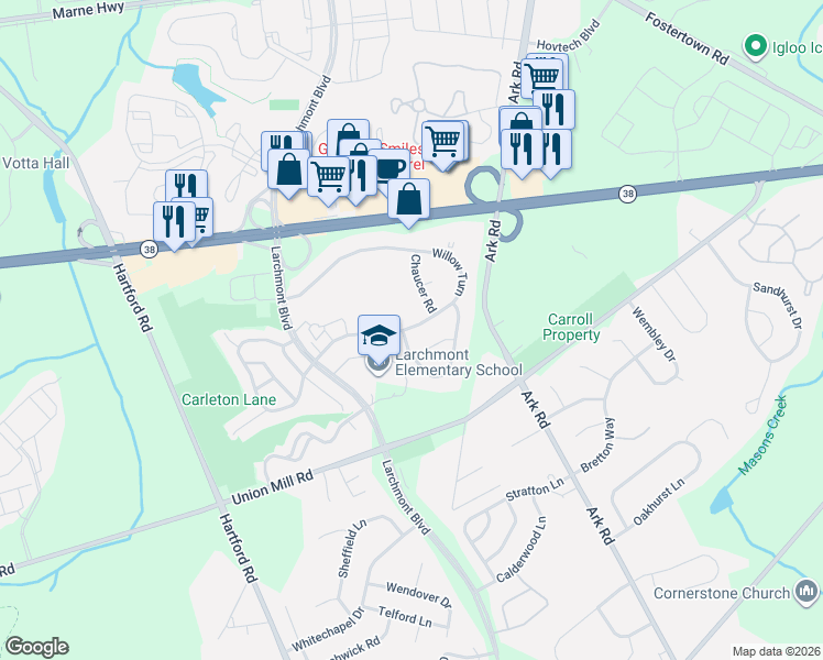map of restaurants, bars, coffee shops, grocery stores, and more near 133A Chaucer Road in Mount Laurel Township