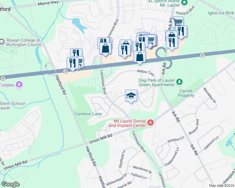 map of restaurants, bars, coffee shops, grocery stores, and more near 538B Willow Turn in Mount Laurel Township