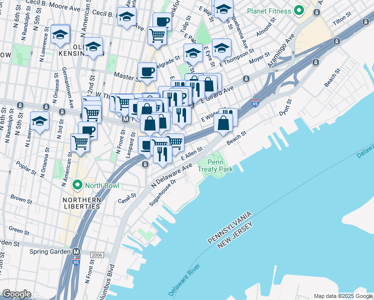 map of restaurants, bars, coffee shops, grocery stores, and more near 300 Richmond Street in Philadelphia