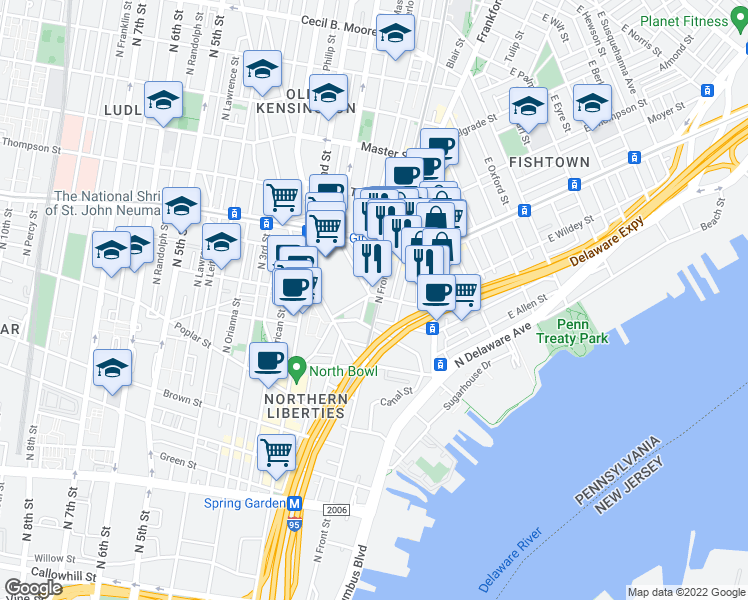 map of restaurants, bars, coffee shops, grocery stores, and more near 1101 North Front Street in Philadelphia