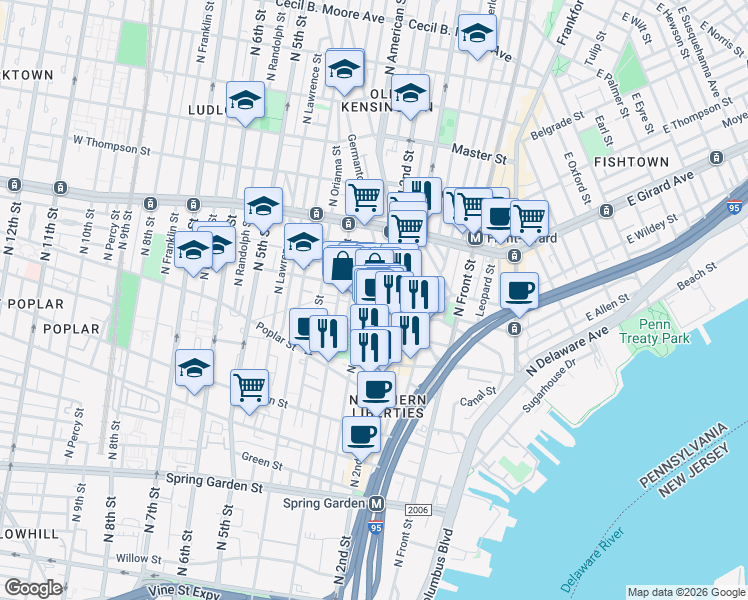 map of restaurants, bars, coffee shops, grocery stores, and more near 222 West George Street in Philadelphia
