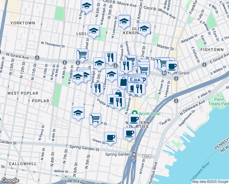 map of restaurants, bars, coffee shops, grocery stores, and more near 323 Saint John Neumann Way in Philadelphia