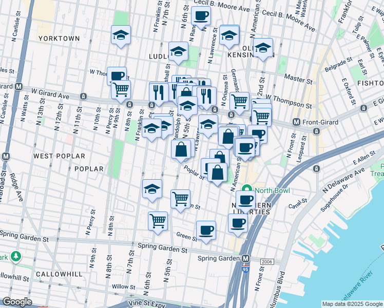 map of restaurants, bars, coffee shops, grocery stores, and more near 941 North 5th Street in Philadelphia