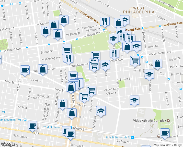 map of restaurants, bars, coffee shops, grocery stores, and more near in Philadelphia