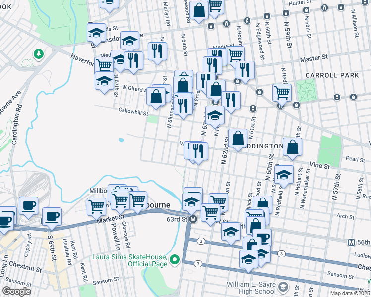 map of restaurants, bars, coffee shops, grocery stores, and more near 6326 Vine Street in Philadelphia