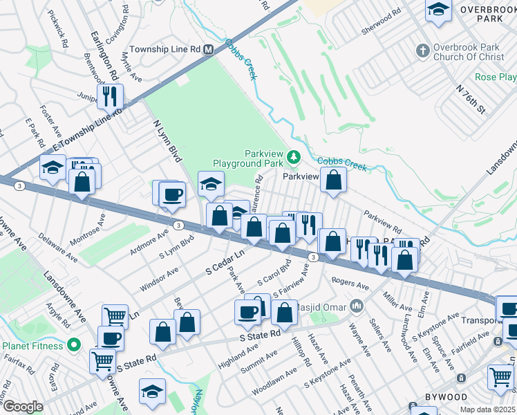 map of restaurants, bars, coffee shops, grocery stores, and more near 102 Green Valley Road in Delaware County