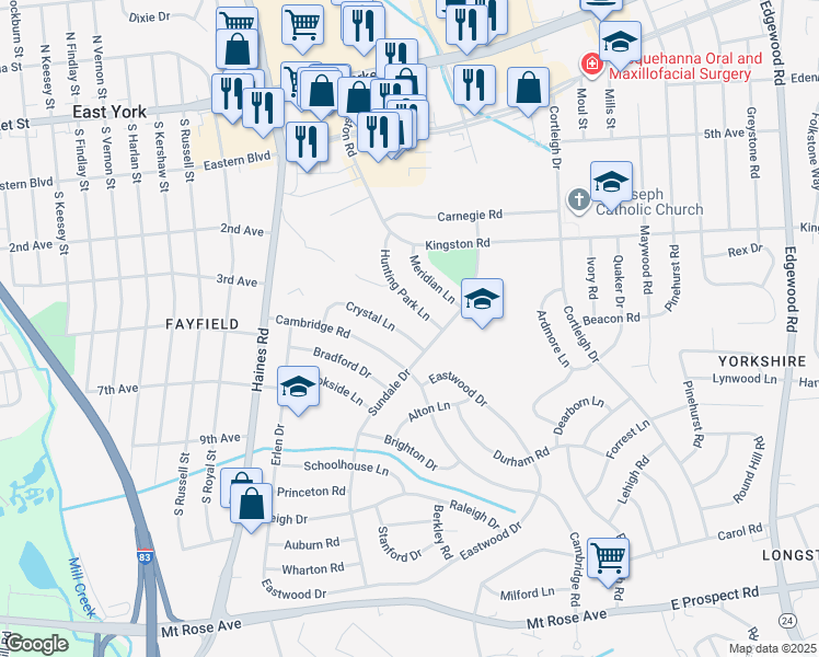 map of restaurants, bars, coffee shops, grocery stores, and more near 480 Hunting Park Lane in East York