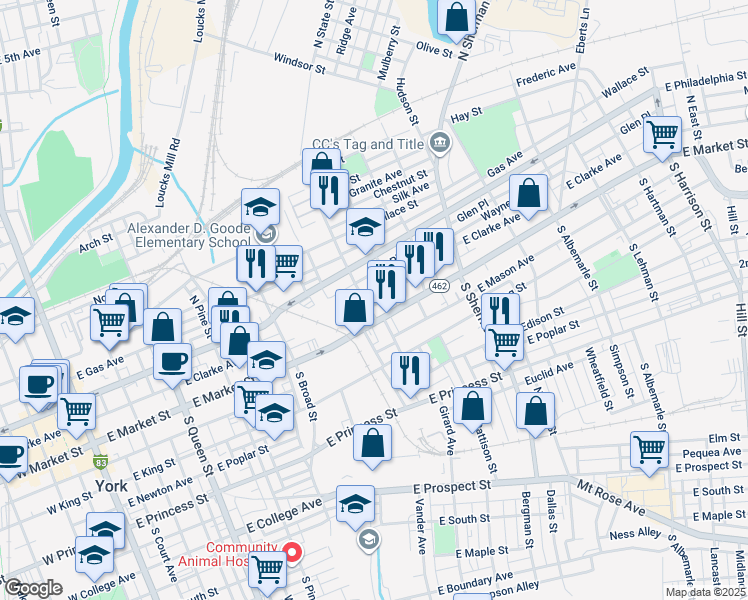 map of restaurants, bars, coffee shops, grocery stores, and more near 25 North State Street in York