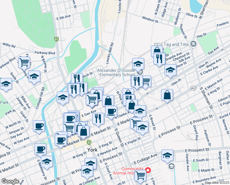 map of restaurants, bars, coffee shops, grocery stores, and more near 231 North Pine Street in York