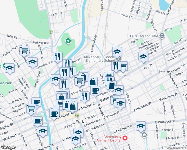 map of restaurants, bars, coffee shops, grocery stores, and more near 212 York Street in York