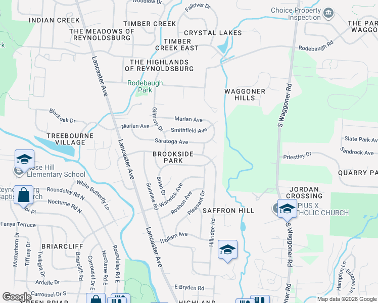 map of restaurants, bars, coffee shops, grocery stores, and more near 7425 Saratoga Avenue in Reynoldsburg