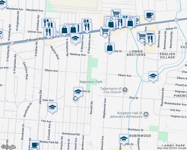 map of restaurants, bars, coffee shops, grocery stores, and more near 250 South Napoleon Avenue in Columbus