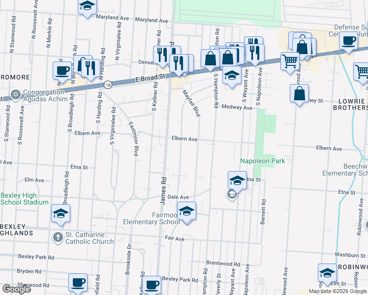 map of restaurants, bars, coffee shops, grocery stores, and more near 214 South Ashburton Road in Columbus