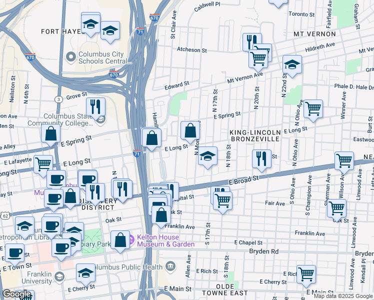 map of restaurants, bars, coffee shops, grocery stores, and more near 792 East Long Street in Columbus