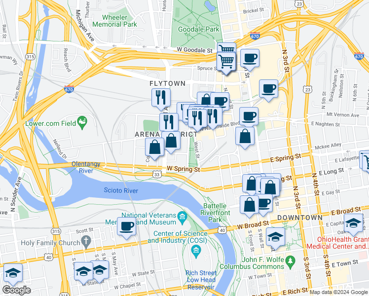 map of restaurants, bars, coffee shops, grocery stores, and more near 295 John H McConnell Boulevard in Columbus