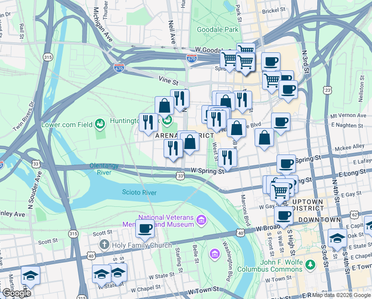 map of restaurants, bars, coffee shops, grocery stores, and more near 305 West Nationwide Boulevard in Columbus