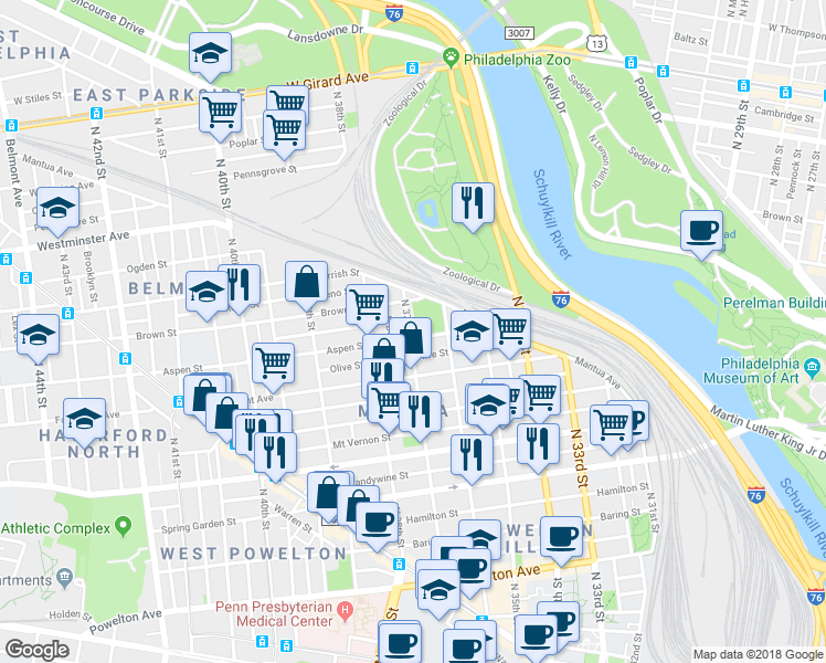 map of restaurants, bars, coffee shops, grocery stores, and more near 747 North 37th Street in Philadelphia