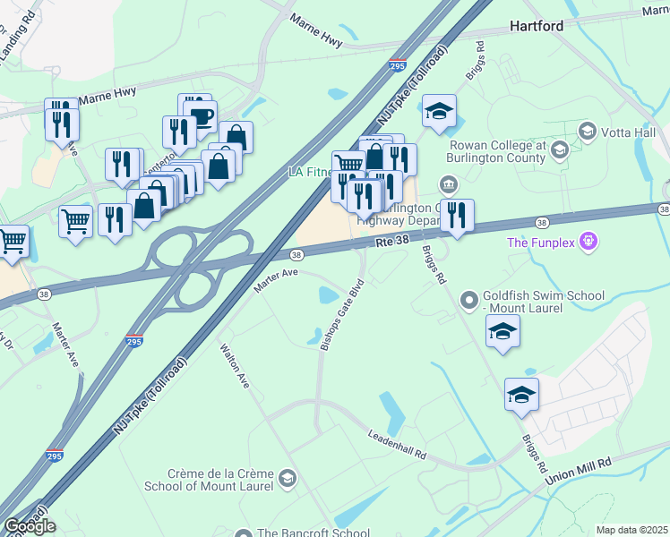 map of restaurants, bars, coffee shops, grocery stores, and more near 1000 Bishops Gate Boulevard in Mount Laurel