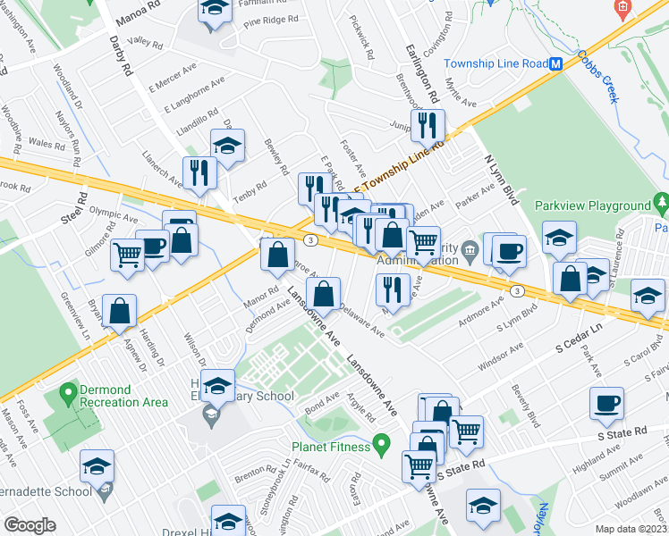 map of restaurants, bars, coffee shops, grocery stores, and more near 21 South Harwood Avenue in Delaware County