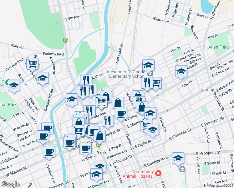 map of restaurants, bars, coffee shops, grocery stores, and more near 223 Chestnut Street in York