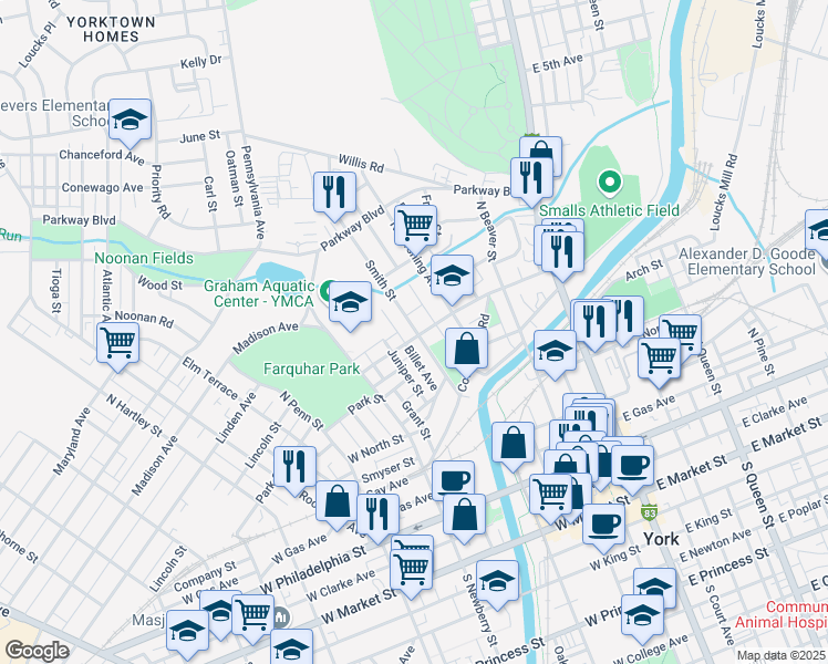 map of restaurants, bars, coffee shops, grocery stores, and more near 502 Smith Street in York