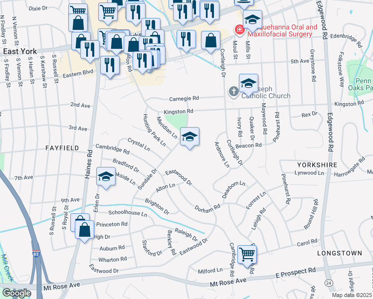 map of restaurants, bars, coffee shops, grocery stores, and more near 455 Sundale Drive in York
