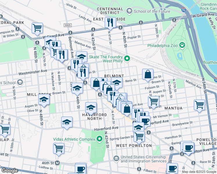 map of restaurants, bars, coffee shops, grocery stores, and more near 4117 Brown Street in Philadelphia