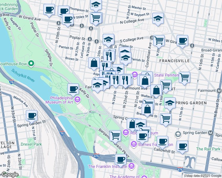 map of restaurants, bars, coffee shops, grocery stores, and more near 2342 Fairmount Avenue in Philadelphia