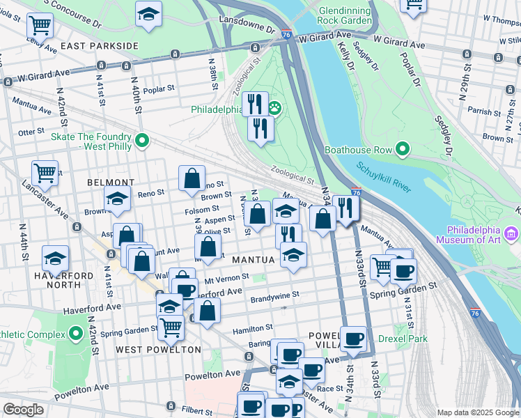 map of restaurants, bars, coffee shops, grocery stores, and more near 747 North 37th Street in Philadelphia
