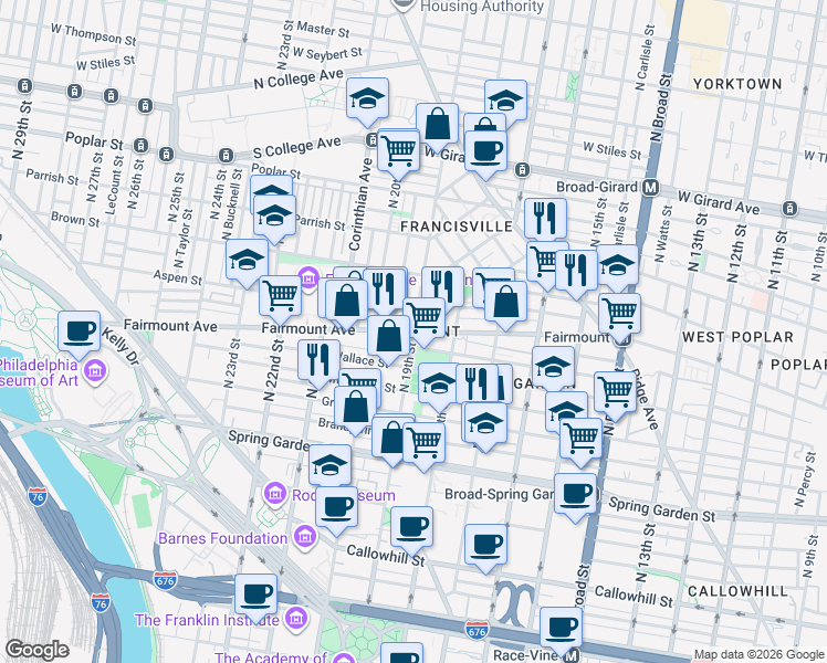 map of restaurants, bars, coffee shops, grocery stores, and more near N 19th St & Fairmount Ave in Philadelphia