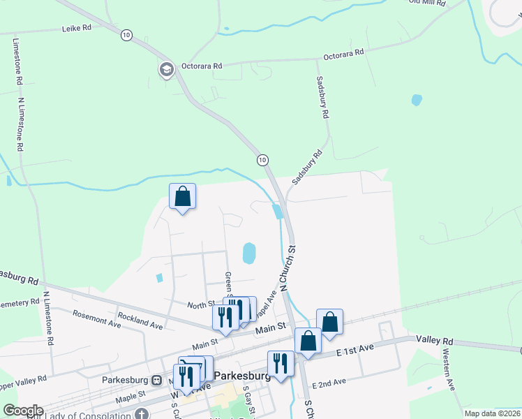 map of restaurants, bars, coffee shops, grocery stores, and more near 200 North Church Street in Parkesburg