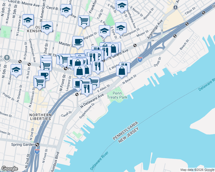 map of restaurants, bars, coffee shops, grocery stores, and more near 300 Richmond Street in Philadelphia