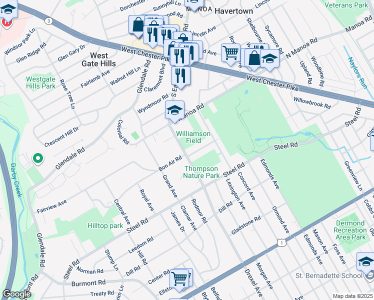 map of restaurants, bars, coffee shops, grocery stores, and more near 605 South Eagle Road in Havertown