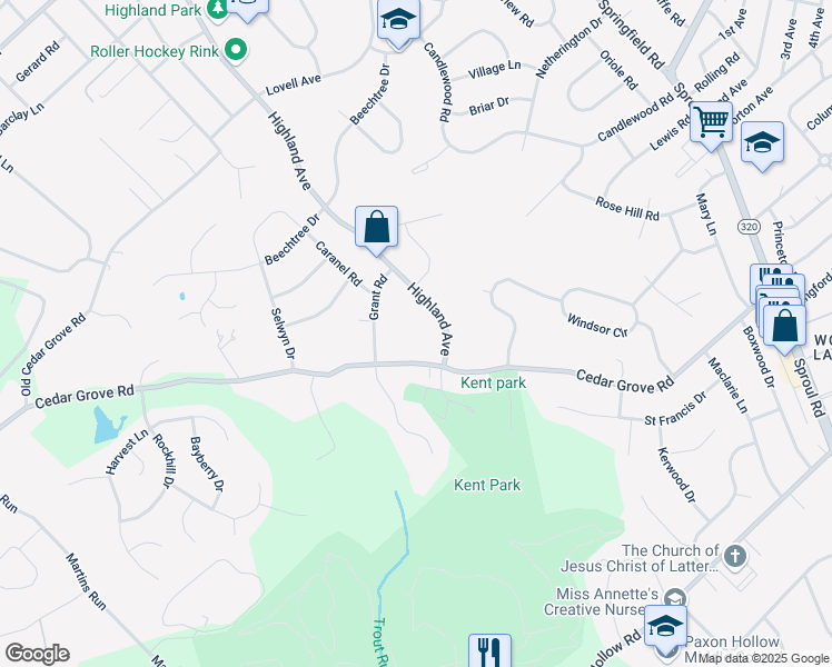 map of restaurants, bars, coffee shops, grocery stores, and more near 920 Cedar Grove Road in Broomall