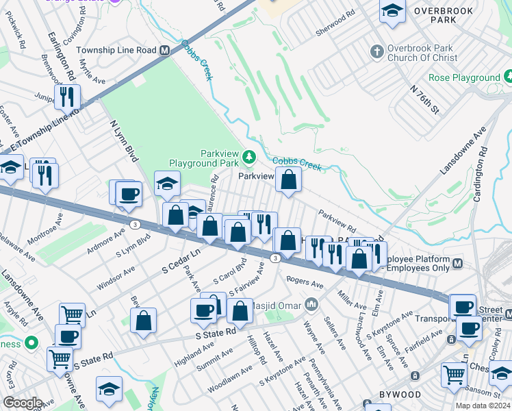 map of restaurants, bars, coffee shops, grocery stores, and more near 129 North Carol Boulevard in Upper Darby