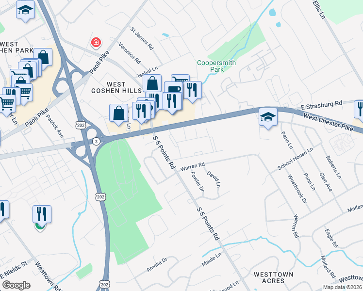 map of restaurants, bars, coffee shops, grocery stores, and more near in West Goshen