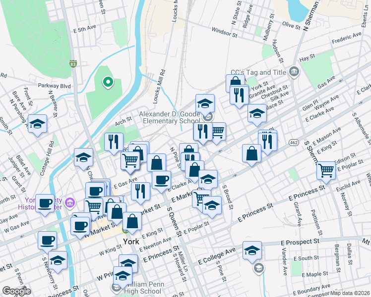 map of restaurants, bars, coffee shops, grocery stores, and more near 326 Wallace Street in York