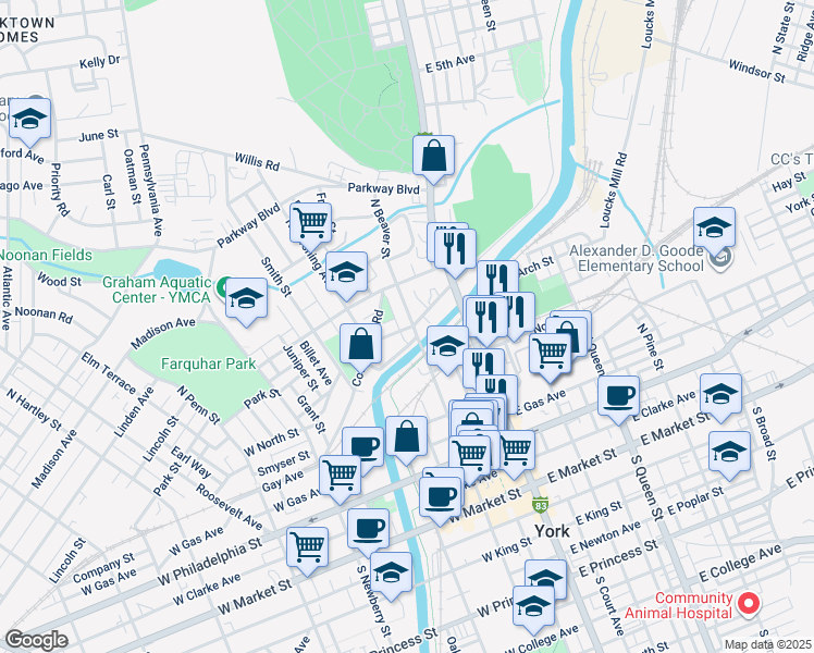 map of restaurants, bars, coffee shops, grocery stores, and more near 400 North Beaver Street in York