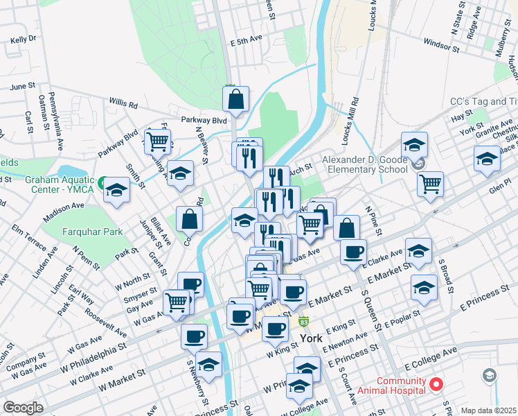 map of restaurants, bars, coffee shops, grocery stores, and more near 369 North George Street in York