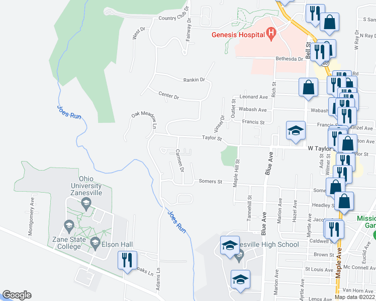 map of restaurants, bars, coffee shops, grocery stores, and more near 1184 Robin Court in Zanesville
