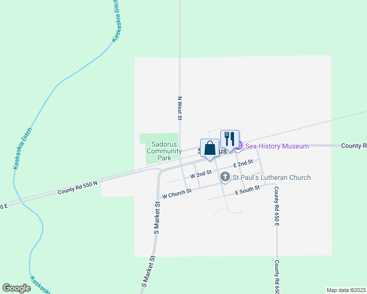 map of restaurants, bars, coffee shops, grocery stores, and more near 114 North Front Street in Sadorus
