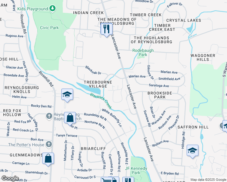 map of restaurants, bars, coffee shops, grocery stores, and more near 819 Whistlewood Drive in Reynoldsburg