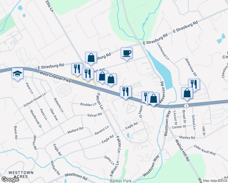 map of restaurants, bars, coffee shops, grocery stores, and more near 1313 Pennsylvania 3 in West Chester