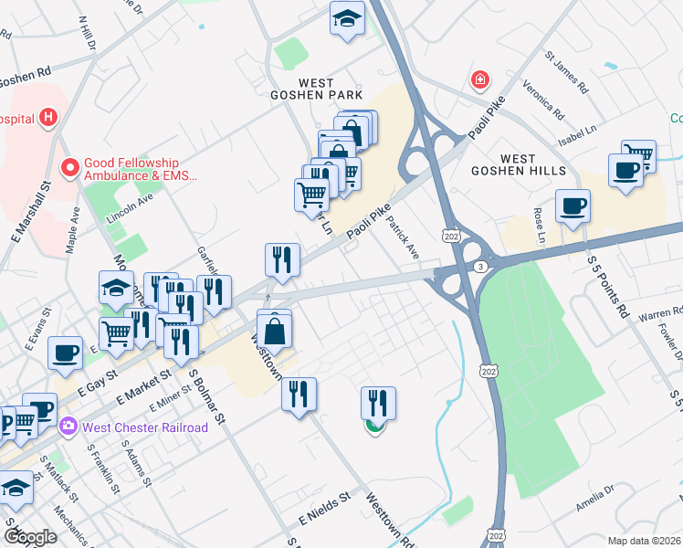 map of restaurants, bars, coffee shops, grocery stores, and more near 838 Paoli Pike in West Chester