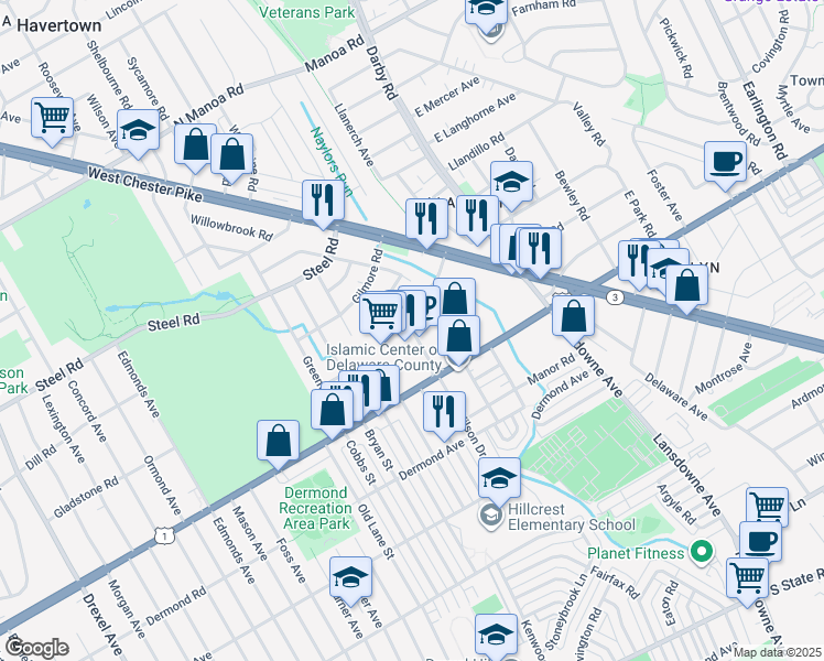map of restaurants, bars, coffee shops, grocery stores, and more near Quarry Center Drive in Delaware County