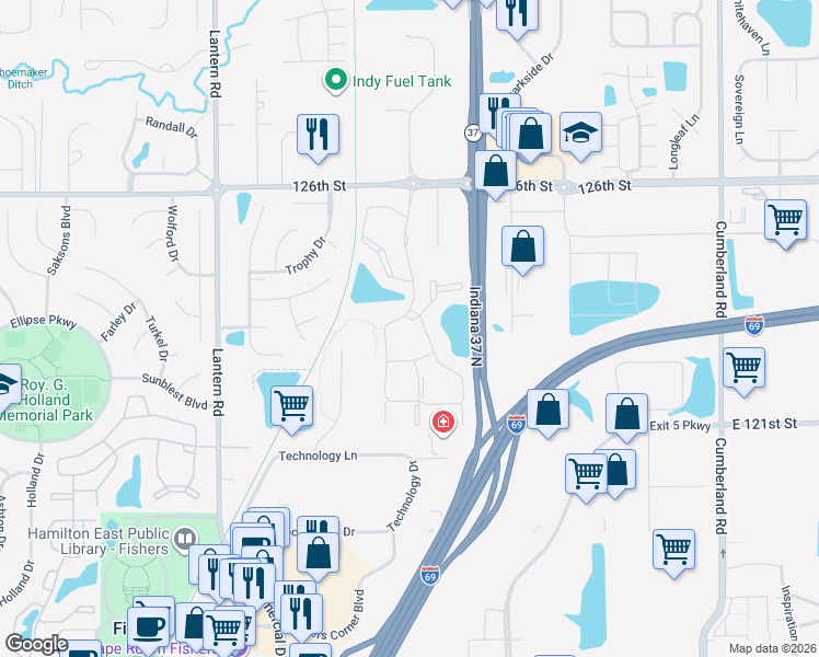 map of restaurants, bars, coffee shops, grocery stores, and more near 12347 Windsor East Drive in Fishers