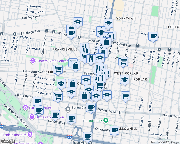 map of restaurants, bars, coffee shops, grocery stores, and more near 1422 Ridge Avenue in Philadelphia