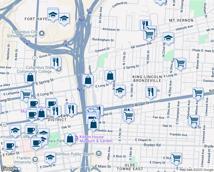 map of restaurants, bars, coffee shops, grocery stores, and more near 805 East Long Street in Columbus