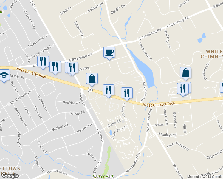 map of restaurants, bars, coffee shops, grocery stores, and more near 99 Melissa Lane in West Chester